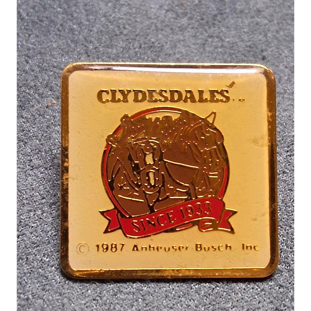 Vintage 1987 Budweiser Clydesdales Beer Lapel Pin Gold Tone Square Taiwan